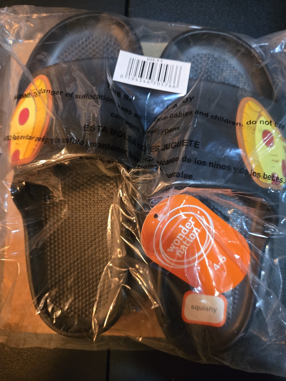 Wonder Nation Kids' Black Squishy Slide Sandals with Yellow Accent Size 4/5
